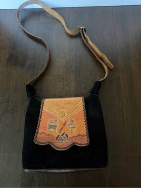 Black Suede Crossbody Bag with Embossed Tan Leather Flap